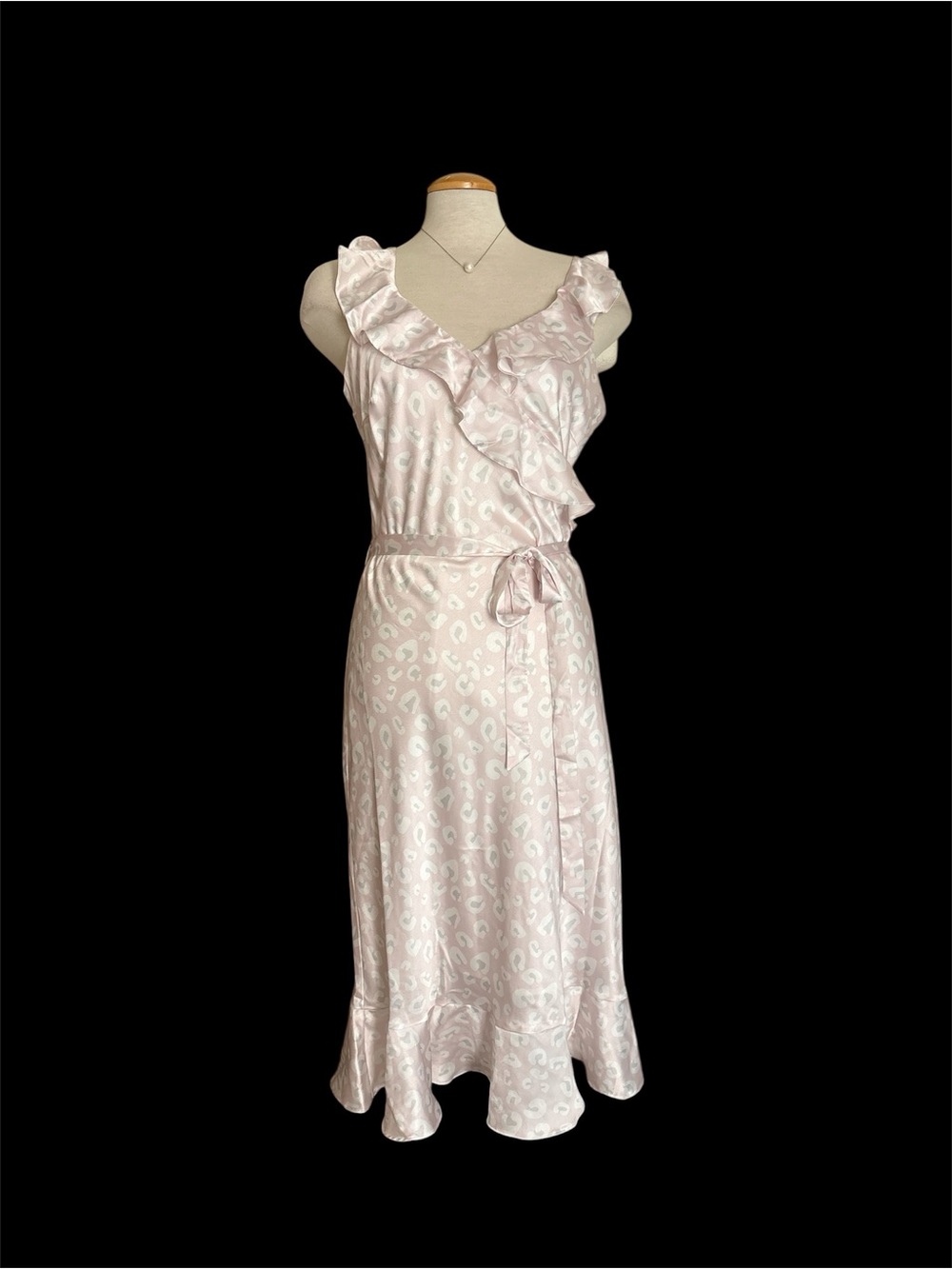 Lucy Paris Light Blush Satin Ruffle Wrap Midi Dress